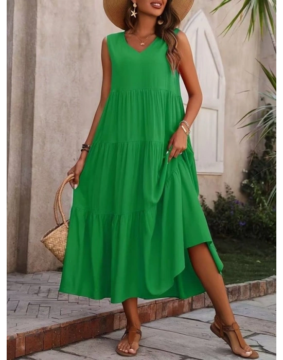 Kadın Askılı V Yakalı Uzun Dokuma Viskon Elbise