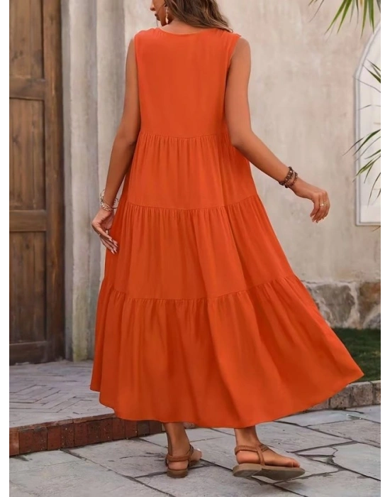 Kadın Askılı V Yakalı Uzun Dokuma Viskon Elbise