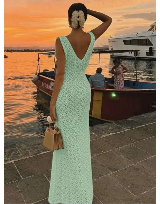 Kadın Askılı V Yakalı Uzun Triko Elbise