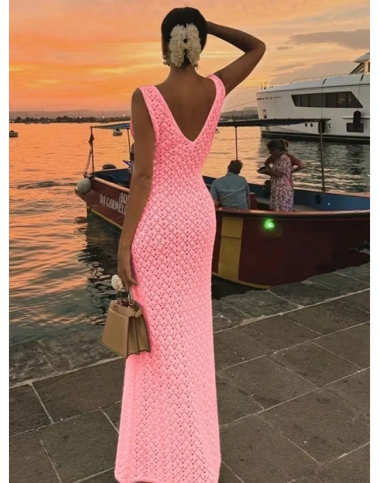 Kadın Askılı V Yakalı Uzun Triko Elbise