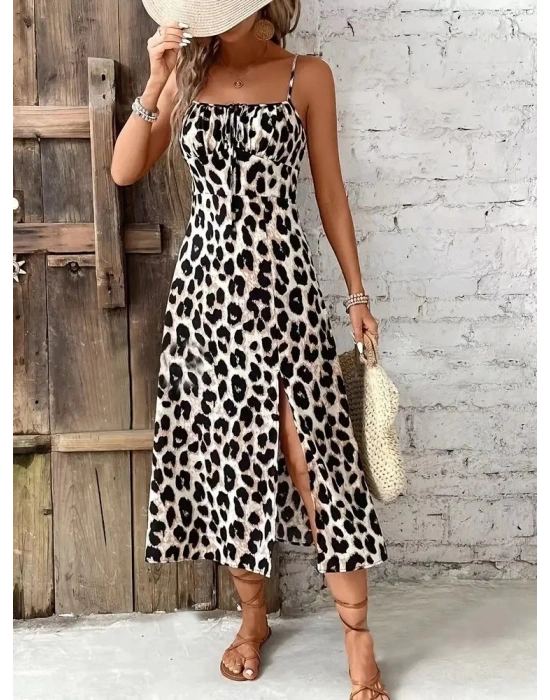 Kadın Askılı Yakadan Bağcıklı Yırtmaçlı Leopar Desenli Midi Süprem Elbise
