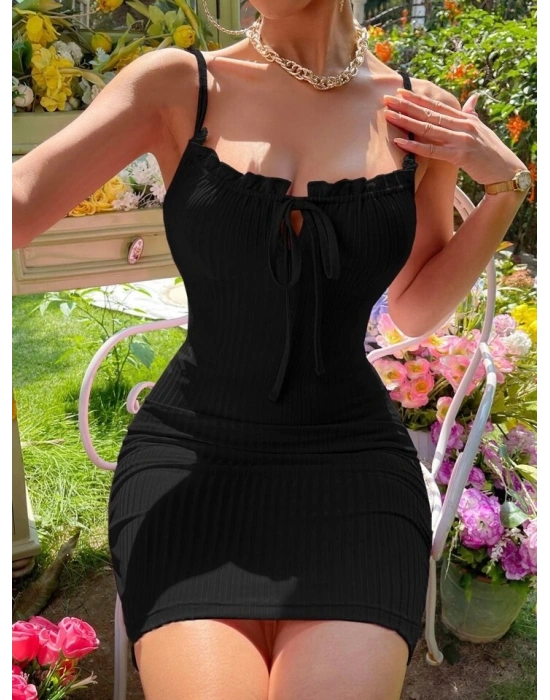 Kadın Askılı Yakası Fırfır Ve Bağlama Detay Kaşkorse Elbise