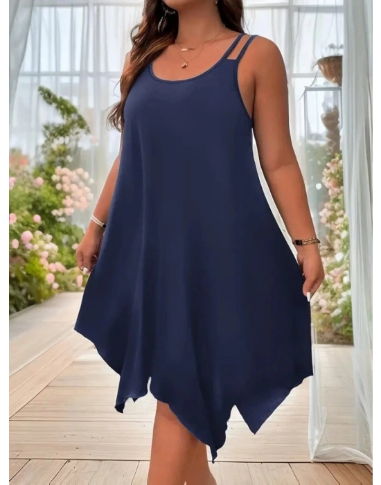 Kadın Askılı Yuvarlak Asimetrik Kesim Detaylı Viskon Elbise