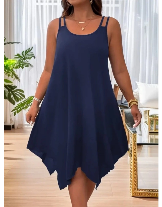 Kadın Askılı Yuvarlak Asimetrik Kesim Detaylı Viskon Elbise