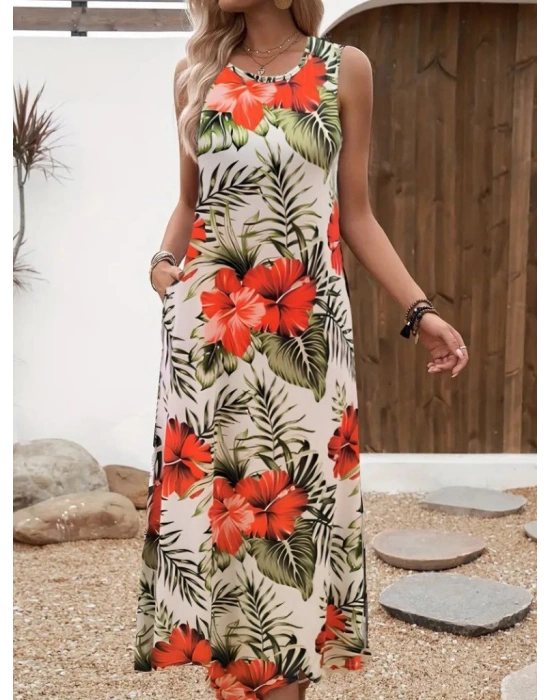 Kadın Askılı Yuvarlak Yaka Cepli Desenli Süprem Elbise