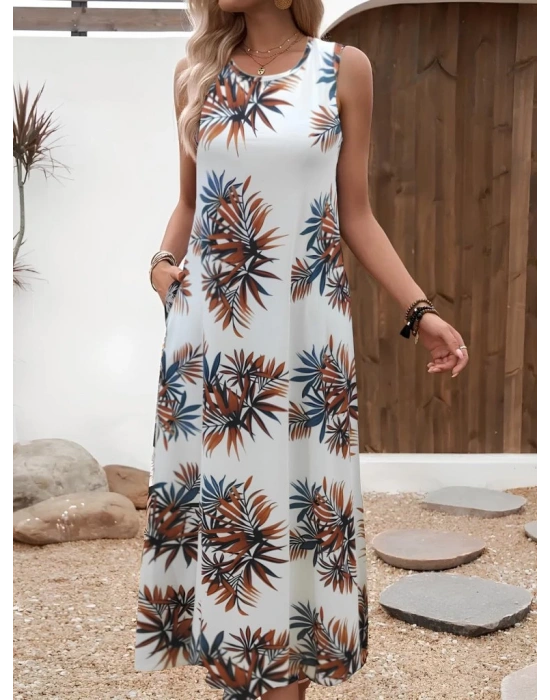 Kadın Askılı Yuvarlak Yaka Cepli Desenli Süprem Elbise