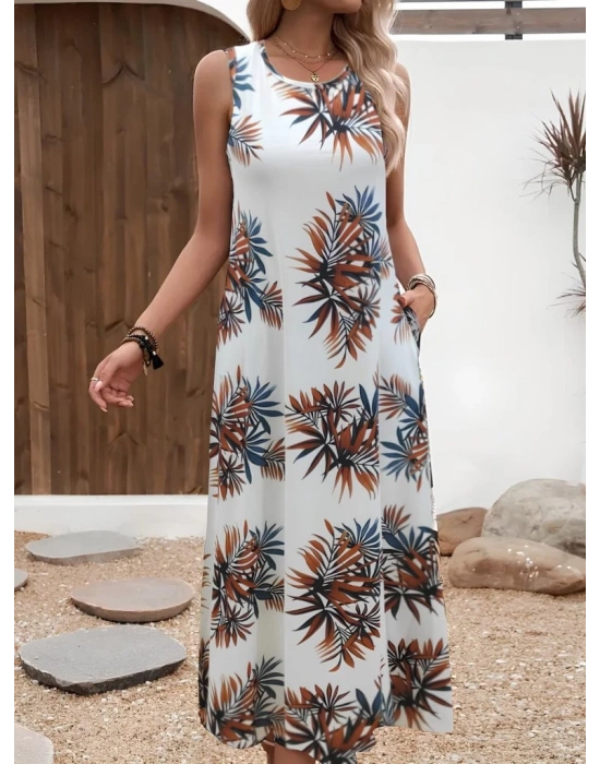 Kadın Askılı Yuvarlak Yaka Cepli Desenli Süprem Elbise