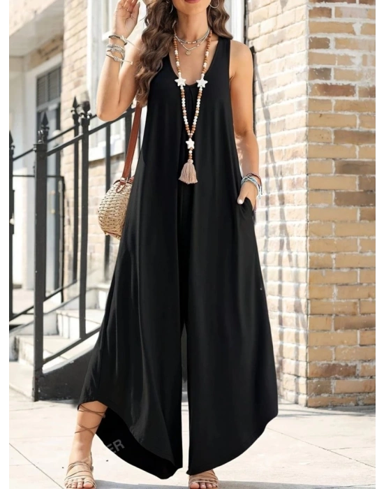 Kadın Askılı Yuvarlak Yaka Cepli Salaş Uzun Viskon Tulum