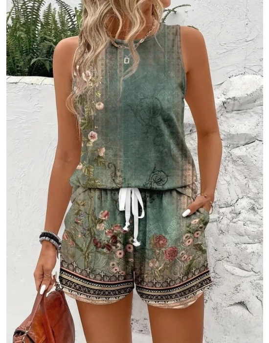 Kadın Askılı Yuvarlak Yaka çiçek Baskılı Süprme Bluz Ve Short Ikili Takım