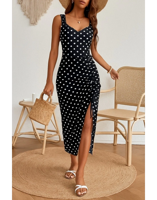 Kadın Askılı Yuvarlak Yaka Kalp Yaka Yandan Büzgülü Yırtmaç Detaylı Puantiyeli örme Krep Elbise