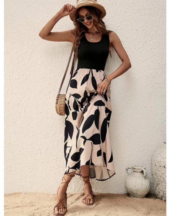 Kadın Askılı Yuvarlak Yaka üst Viskon Alt Desenli Uzun Süprem Elbise