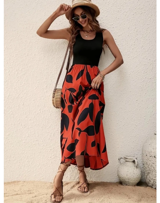 Kadın Askılı Yuvarlak Yaka üst Viskon Alt Desenli Uzun Süprem Elbise