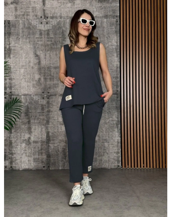Kadın Askılı Yuvarlak Yaka Viskon Iki Iplik Bluz Ve Eşofman Altı Ikili Takım