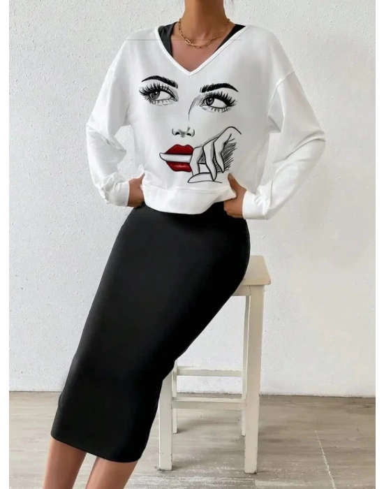 Kadın Askılı Yuvarlak Yaka Viskon Iki Iplik Elbise Ve V Yakalı Bluz Ikili Takım