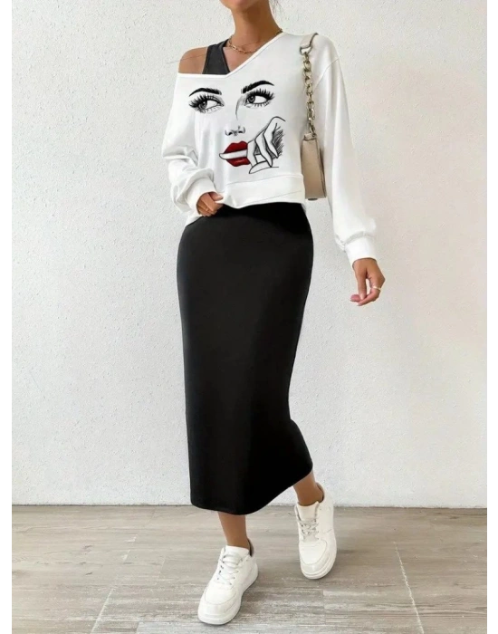 Kadın Askılı Yuvarlak Yaka Viskon Iki Iplik Elbise Ve V Yakalı Bluz Ikili Takım