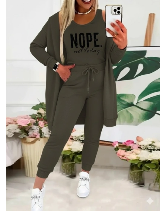 Kadın Askılı Yuvarlak Yaka Yazılı Viskon Iki Iplik Bluz Ceket Ve Pantolon 3lü Takım