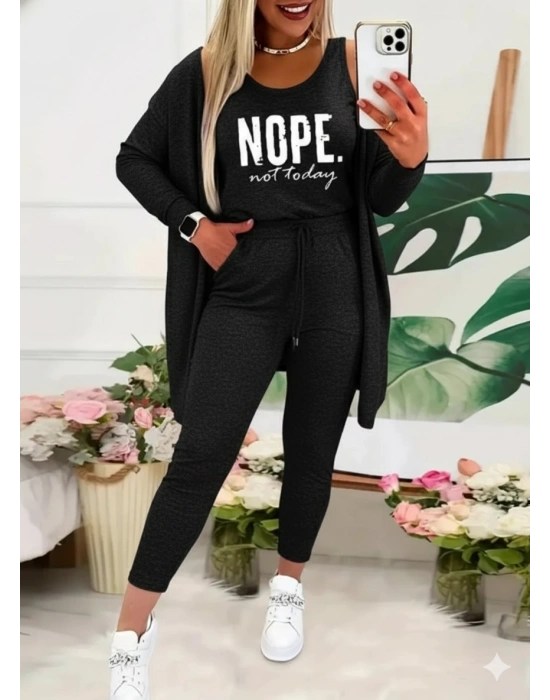 Kadın Askılı Yuvarlak Yaka Yazılı Viskon Iki Iplik Bluz Ceket Ve Pantolon 3lü Takım