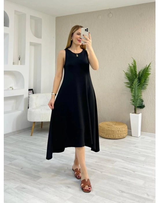 Kadın Askılı Yuvarlak Yakalı Asimetrik Kesim Detaylı Viskon Elbise