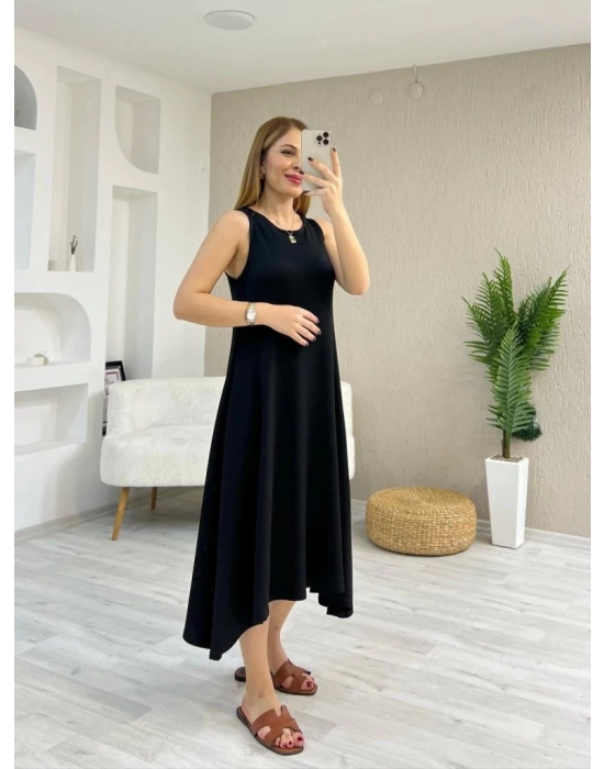 Kadın Askılı Yuvarlak Yakalı Asimetrik Kesim Detaylı Viskon Elbise