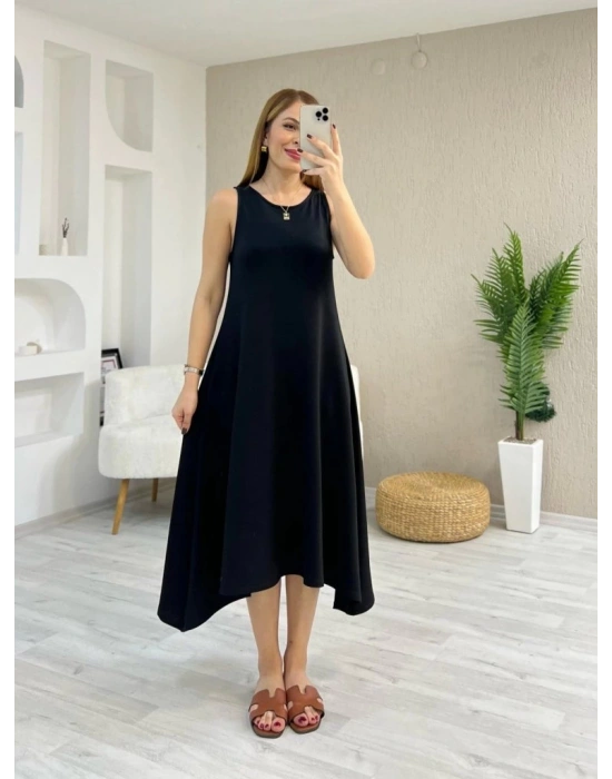 Kadın Askılı Yuvarlak Yakalı Asimetrik Kesim Detaylı Viskon Elbise