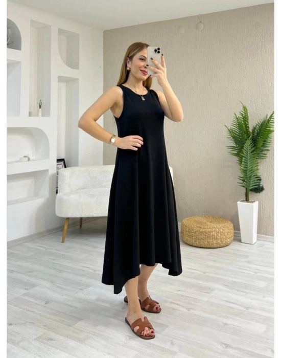 Kadın Askılı Yuvarlak Yakalı Asimetrik Kesim Detaylı Viskon Elbise