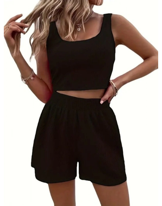 Kadın Askılı Yuvarlak Yakalı Burgu Krop Ve Bluz Short Ikili Takım