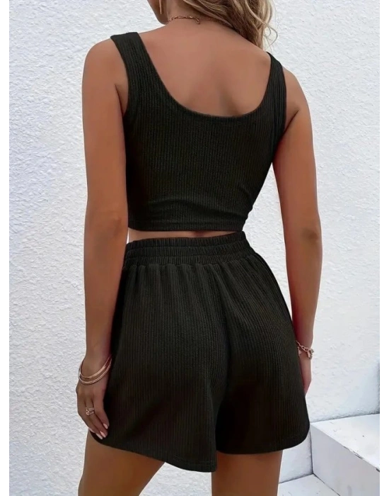 Kadın Askılı Yuvarlak Yakalı Burgu Krop Ve Bluz Short Ikili Takım