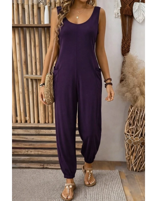 Kadın Askılı Yuvarlak Yakalı Cep Detaylı Viskon Tulum