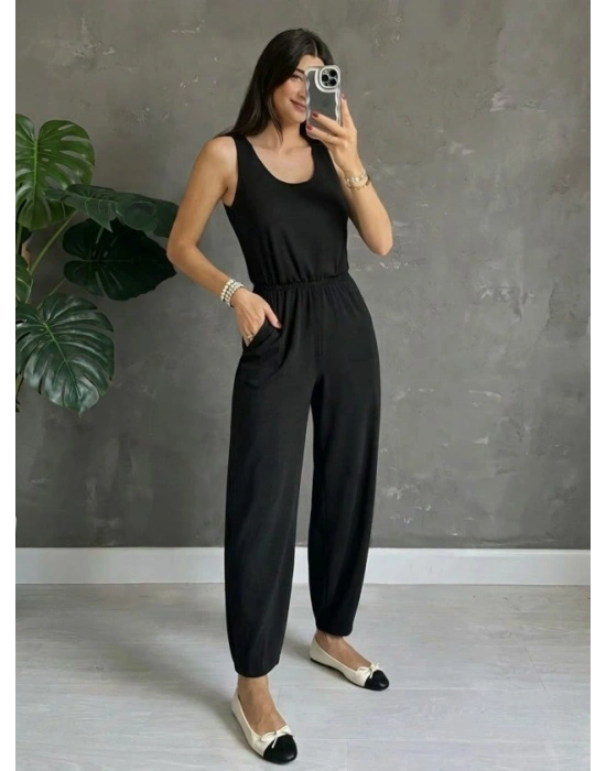 Kadın Askılı Yuvarlak Yakalı Cepli Viskon Tulum