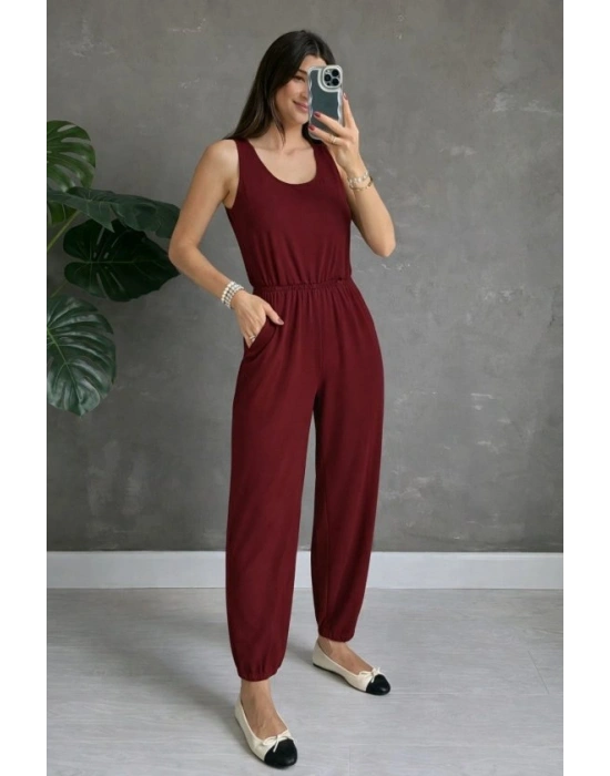 Kadın Askılı Yuvarlak Yakalı Cepli Viskon Tulum