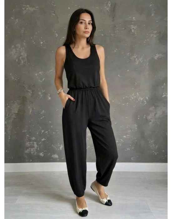 Kadın Askılı Yuvarlak Yakalı Cepli Viskon Tulum