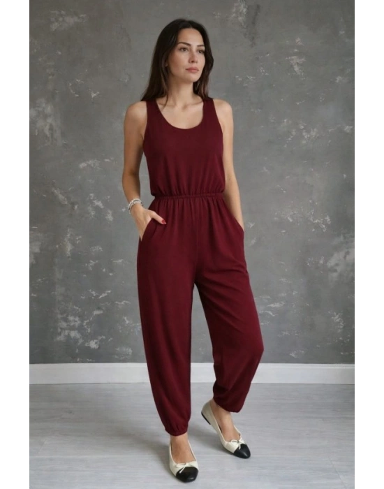 Kadın Askılı Yuvarlak Yakalı Cepli Viskon Tulum