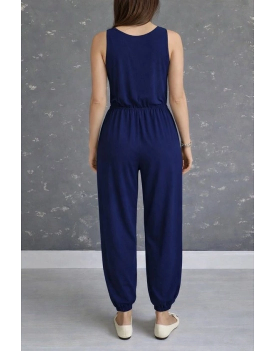 Kadın Askılı Yuvarlak Yakalı Cepli Viskon Tulum