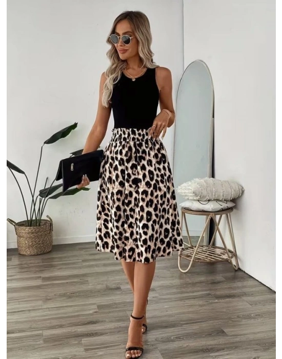 Kadın Askılı Yuvarlak Yakalı Viskon Bluz Ve Leopar Desenli önü Düğmeli Midi Etek Ikili Takım