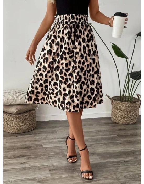 Kadın Askılı Yuvarlak Yakalı Viskon Bluz Ve Leopar Desenli önü Düğmeli Midi Etek Ikili Takım