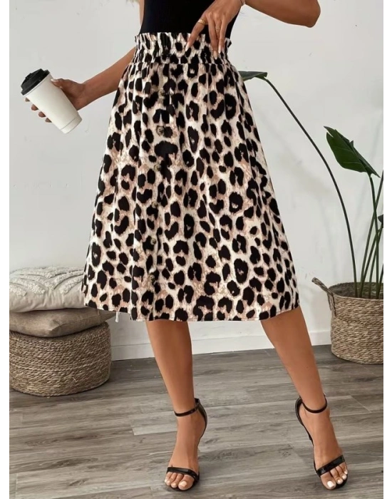 Kadın Askılı Yuvarlak Yakalı Viskon Bluz Ve Leopar Desenli önü Düğmeli Midi Etek Ikili Takım