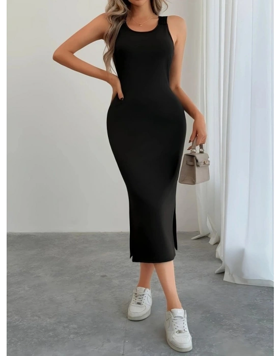 Kadın Askılı Yuvarlak Yakalı Yandan Yırtmaçlı Arkası Dantel Detaylı Viskon Elbise