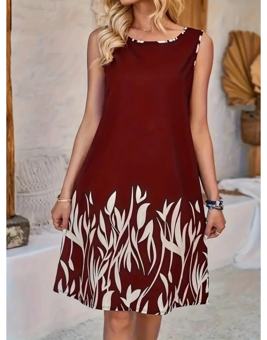 Kadın Askılı Yuvarlak Yakalı Yaprak Desenli Dalgıç Elbise