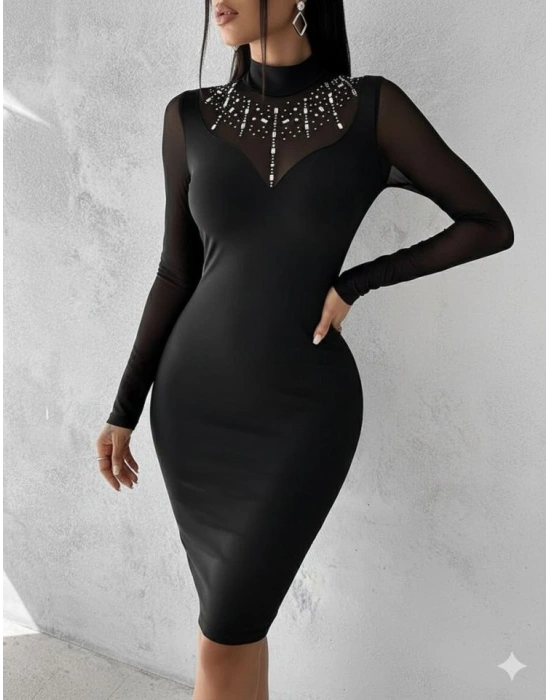 Kadın Balıkçı Yaka Dalgıç Kumaş Taş Ve Transparan Detaydiz üstü Elbise