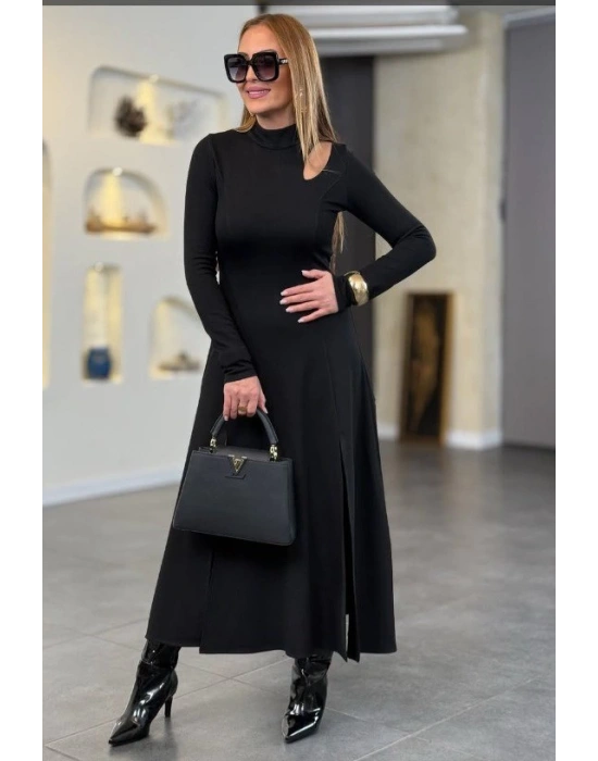 Kadın Balıkçı Yaka Damla Detaylı Yırtmaçlı Uzun Viskon Iki Iplik Maxi Elbise