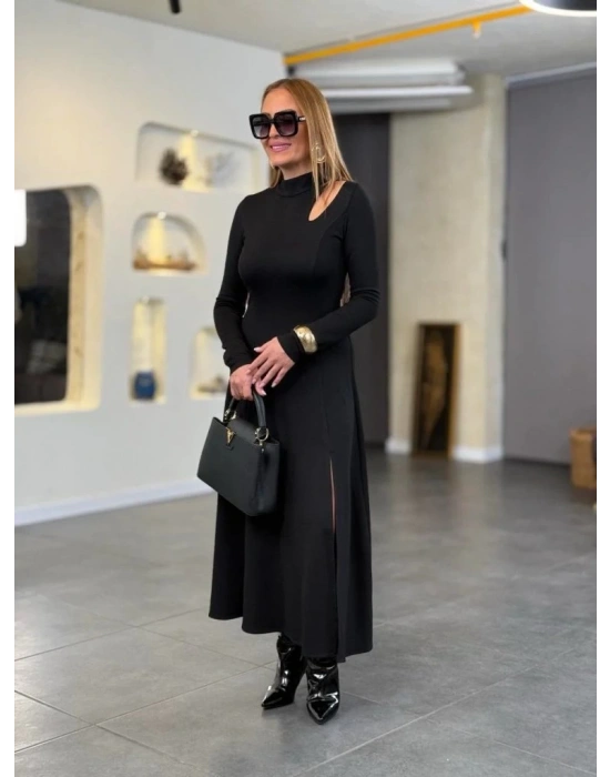 Kadın Balıkçı Yaka Damla Detaylı Yırtmaçlı Uzun Viskon Iki Iplik Maxi Elbise