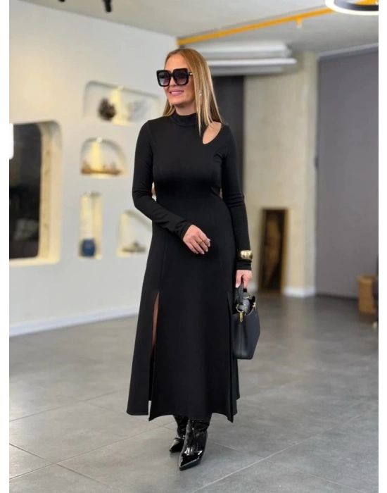 Kadın Balıkçı Yaka Damla Detaylı Yırtmaçlı Uzun Viskon Iki Iplik Maxi Elbise