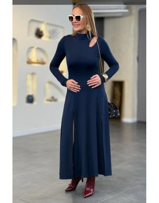 Kadın Balıkçı Yaka Damla Detaylı Yırtmaçlı Uzun Viskon Iki Iplik Maxi Elbise