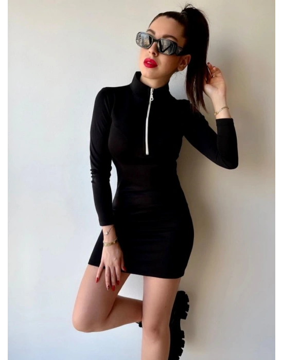 Kadın Balıkçı Yaka Fermuar Detay Mini Elbise