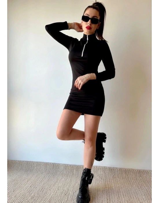 Kadın Balıkçı Yaka Fermuar Detay Mini Elbise