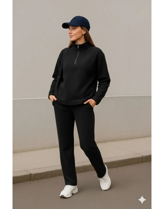 Kadın Balıkçı Yaka Fermuar Detay Polar Sweat Ve Pantolon Ikili Takım