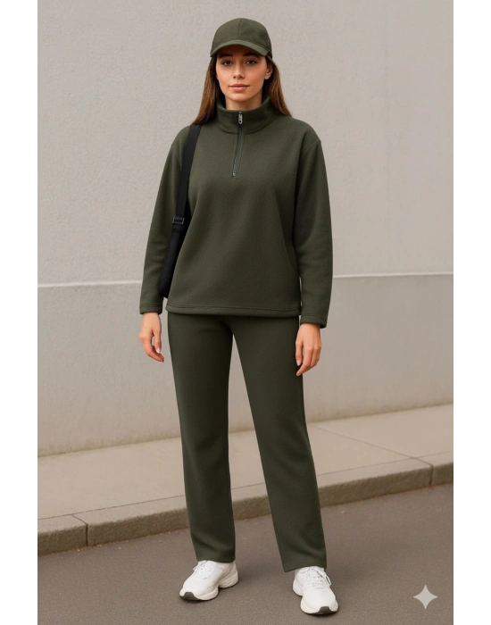 Kadın Balıkçı Yaka Fermuar Detay Polar Sweat Ve Pantolon Ikili Takım