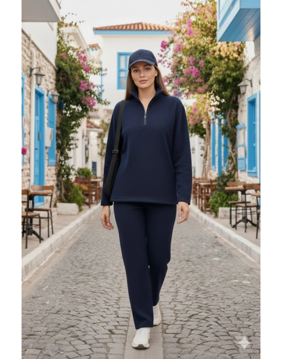Kadın Balıkçı Yaka Fermuar Detay Polar Sweat Ve Pantolon Ikili Takım