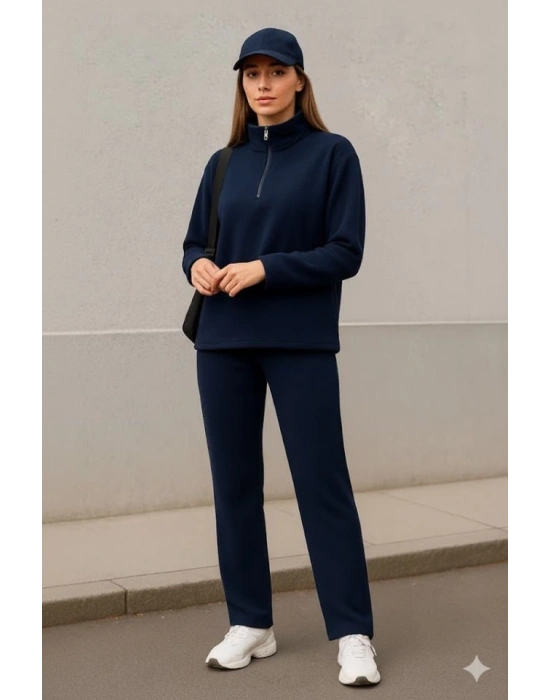 Kadın Balıkçı Yaka Fermuar Detay Polar Sweat Ve Pantolon Ikili Takım