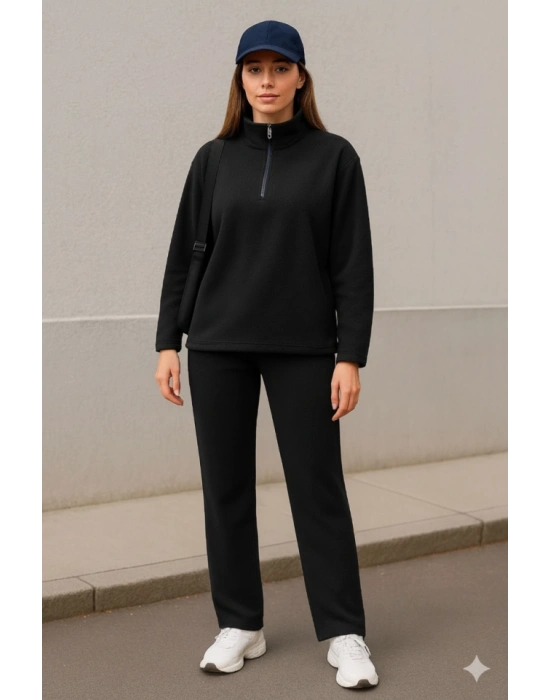 Kadın Balıkçı Yaka Fermuar Detay Polar Sweat Ve Pantolon Ikili Takım